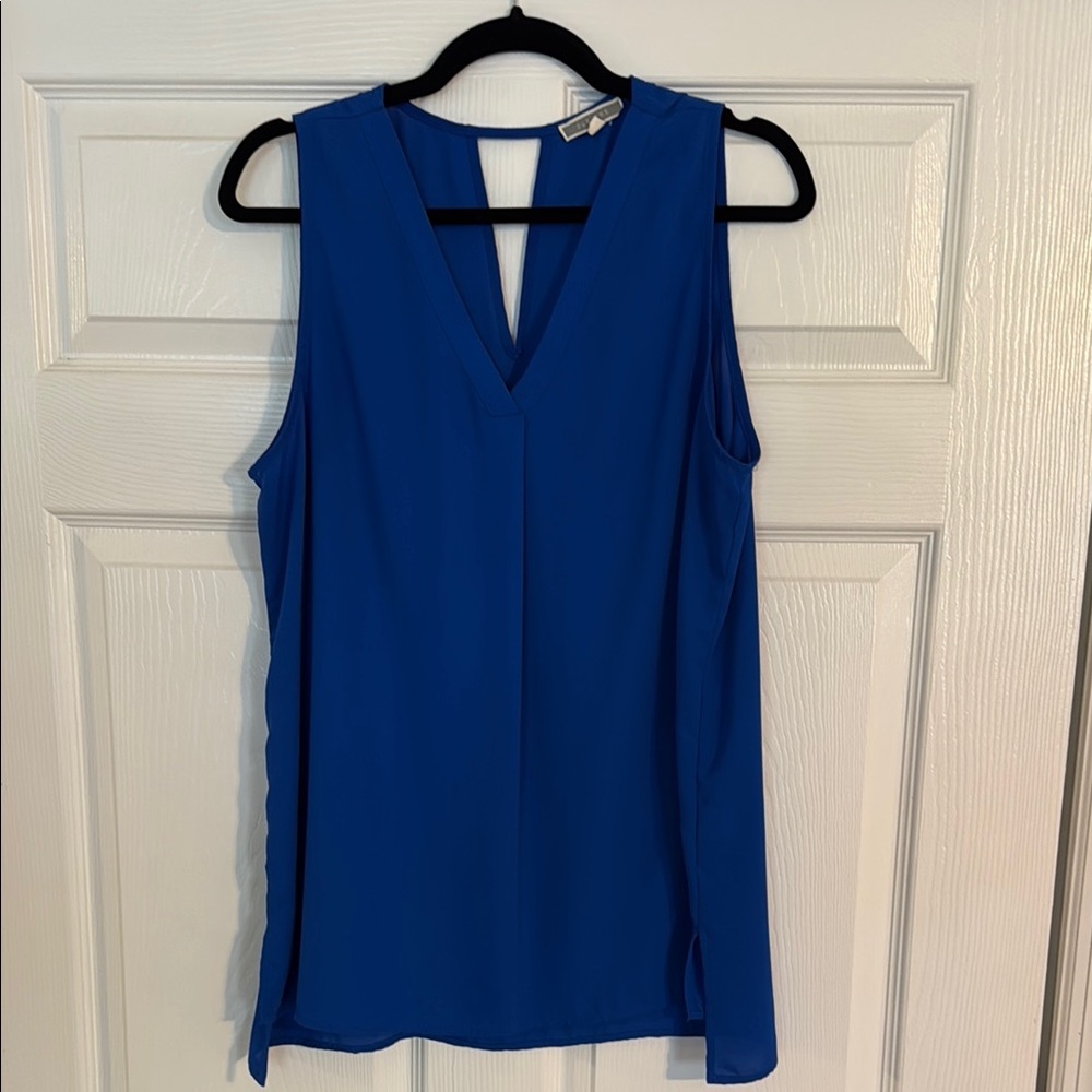 Pleione Blue Sleeveless V-Neck Top large